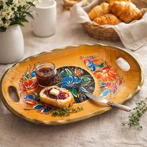 Vintage Hand Painted Folk Art Wood Serving Tray Scalloped Gold Edge Floral 12"